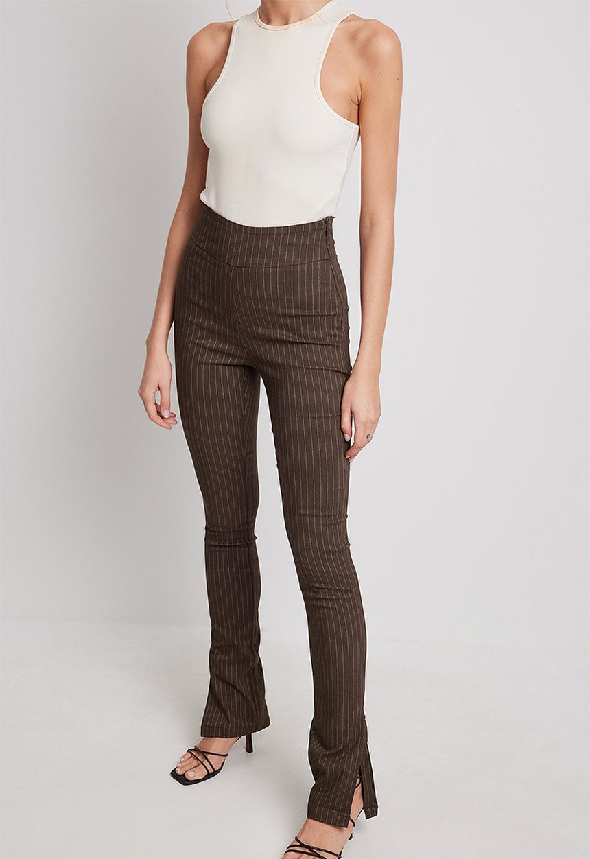 NA-KD - Pin-striped stretch slit pants - brown stripe
