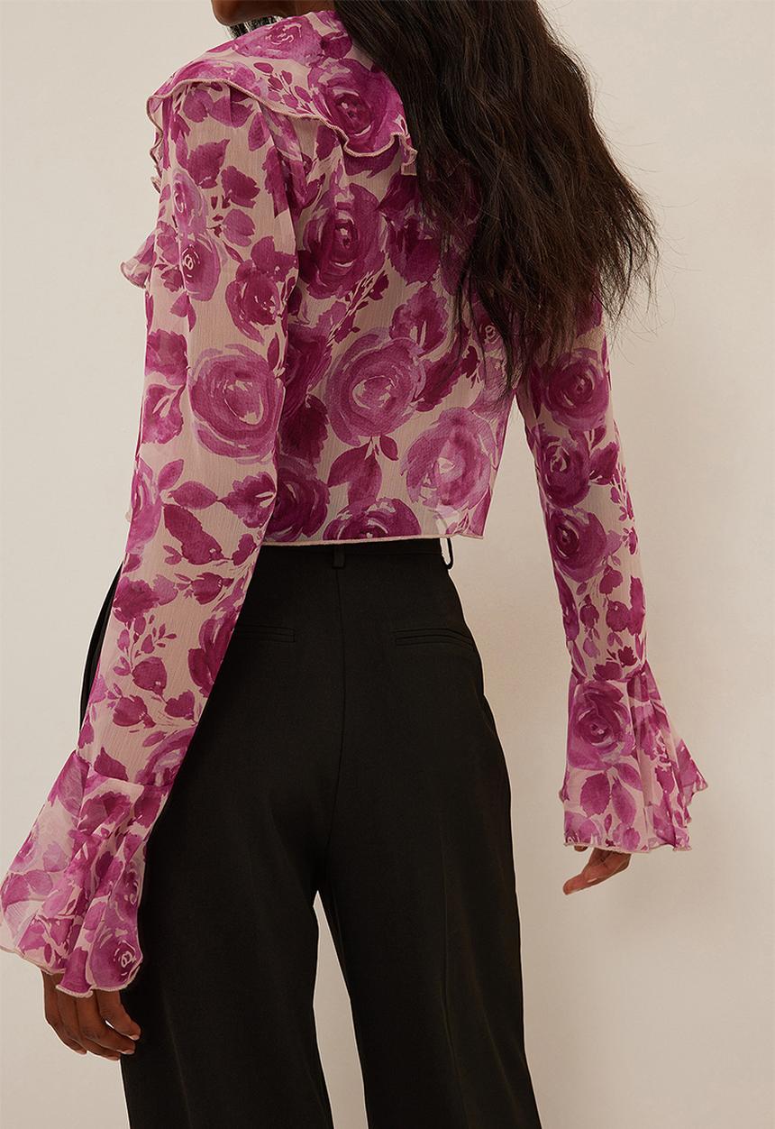 NA-KD - Tie front frill chiffon blouse - red/pink roses