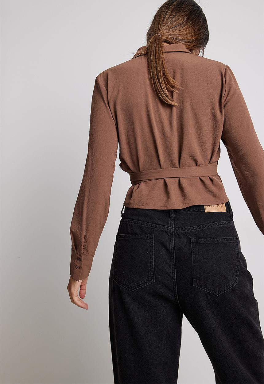 NA-KD - Tie front long sleeve blouse - brown