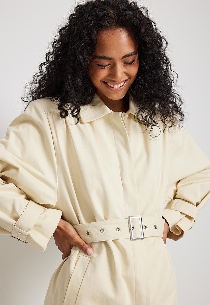 NA-KD - Wrinkled detailed long trench coat - beige