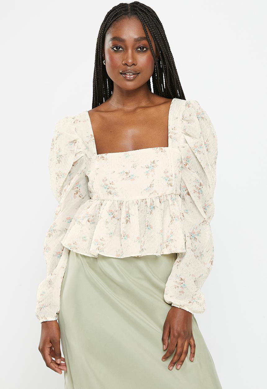 Glamorous - Floral puff sleeve blouse - off white
