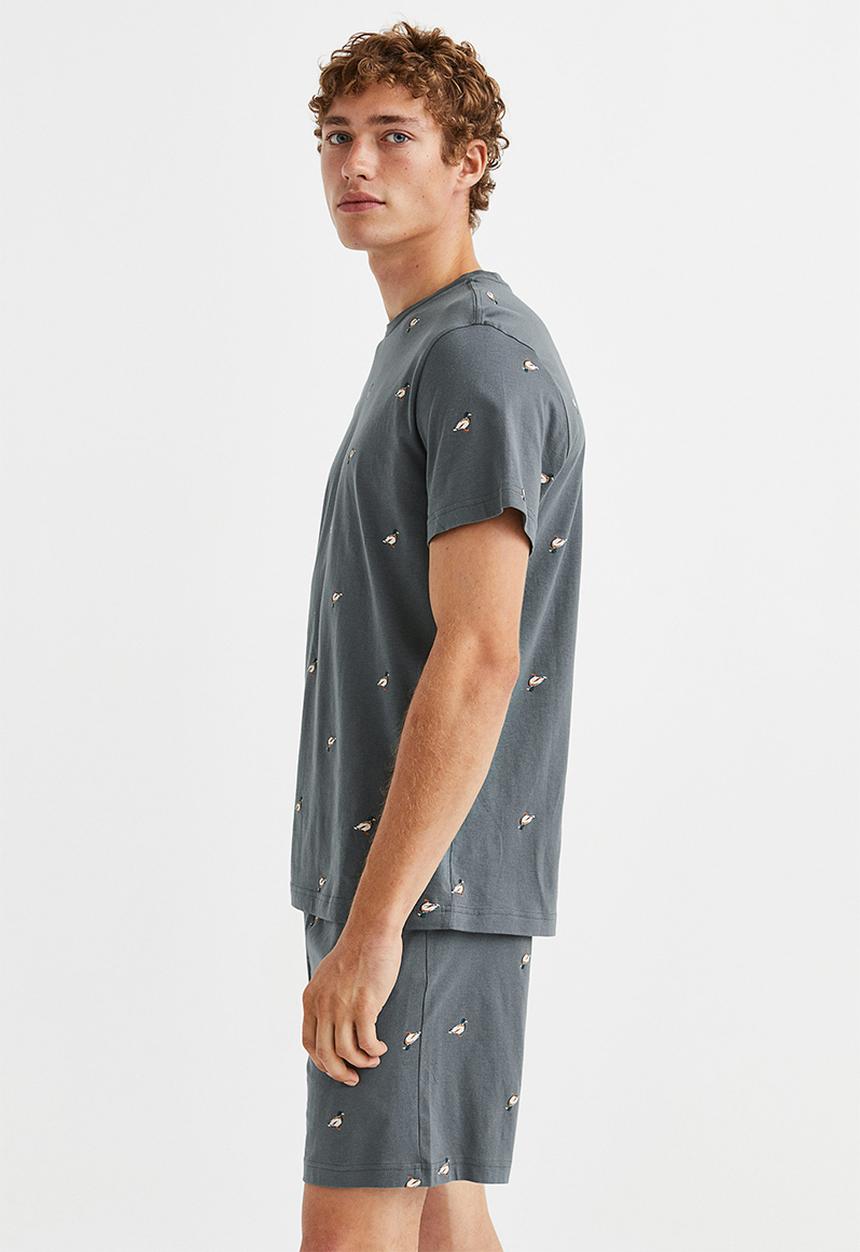 H&M - Regular fit pyjama t-shirt and shorts - grey/duck