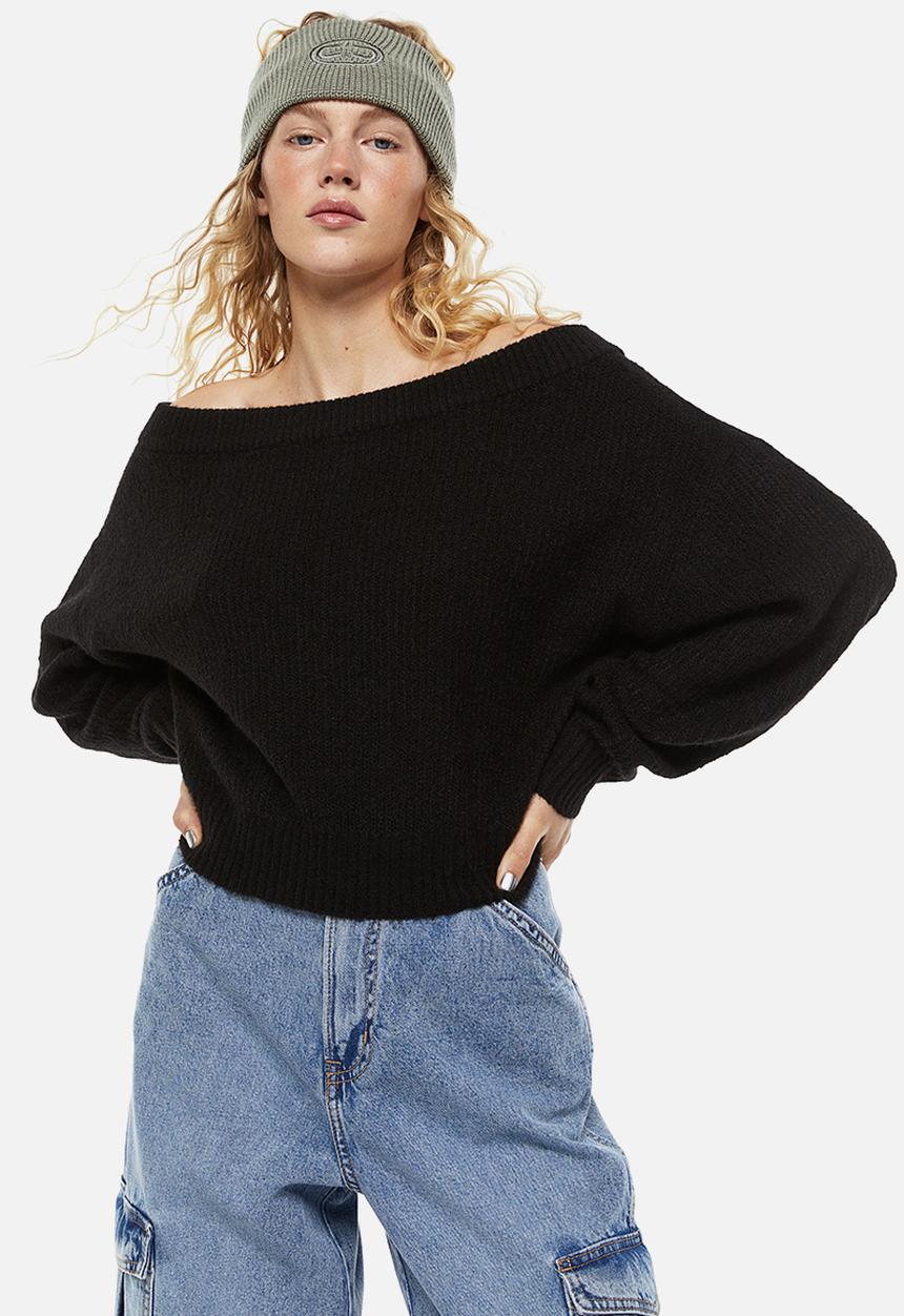 H&M - Off-the-shoulder rib-knit jumper - black
