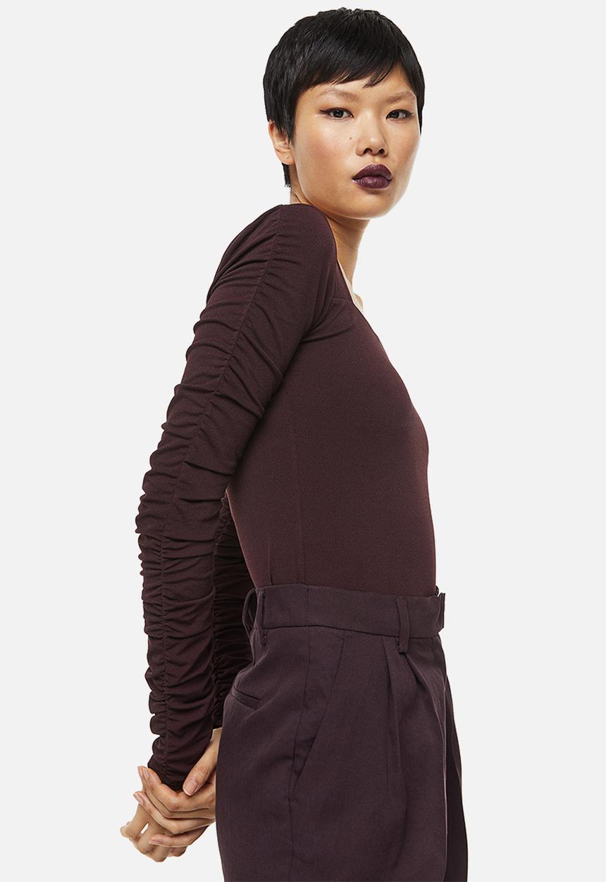 H&M - Gathered-sleeve jersey top - burgundy