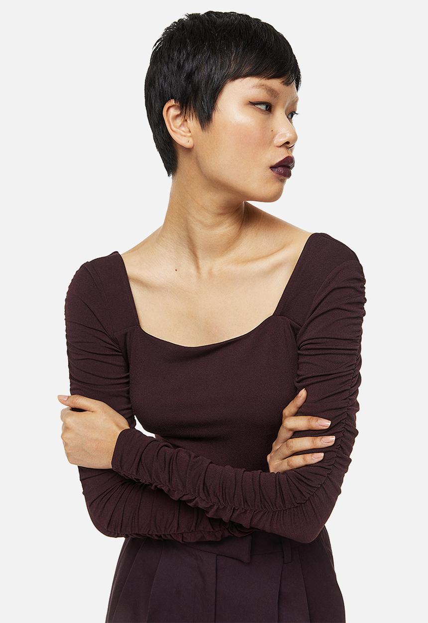 H&M - Gathered-sleeve jersey top - burgundy