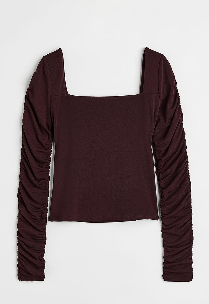 H&M - Gathered-sleeve jersey top - burgundy