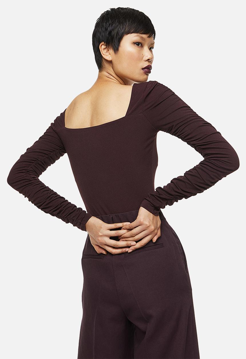 H&M - Gathered-sleeve jersey top - burgundy