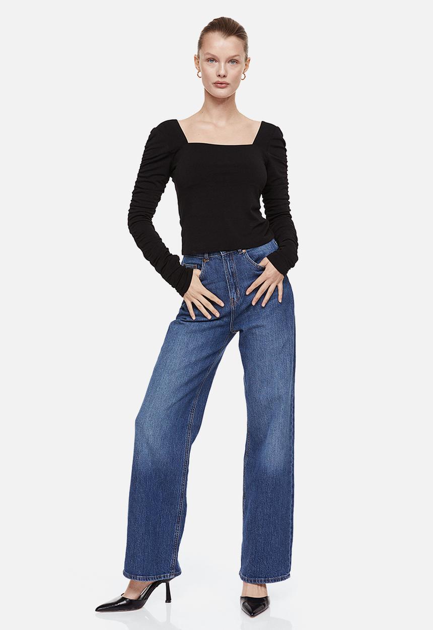 H&M - Gathered-sleeve jersey top - black