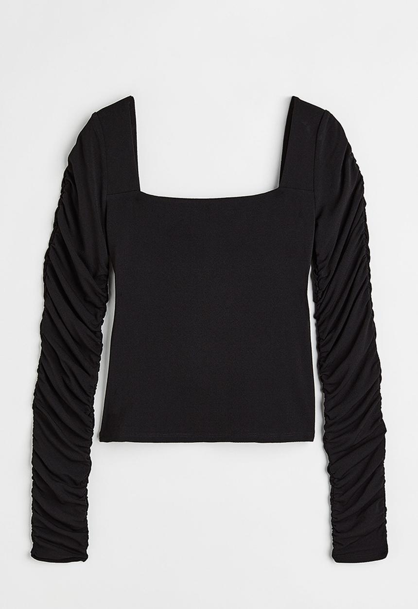H&M - Gathered-sleeve jersey top - black