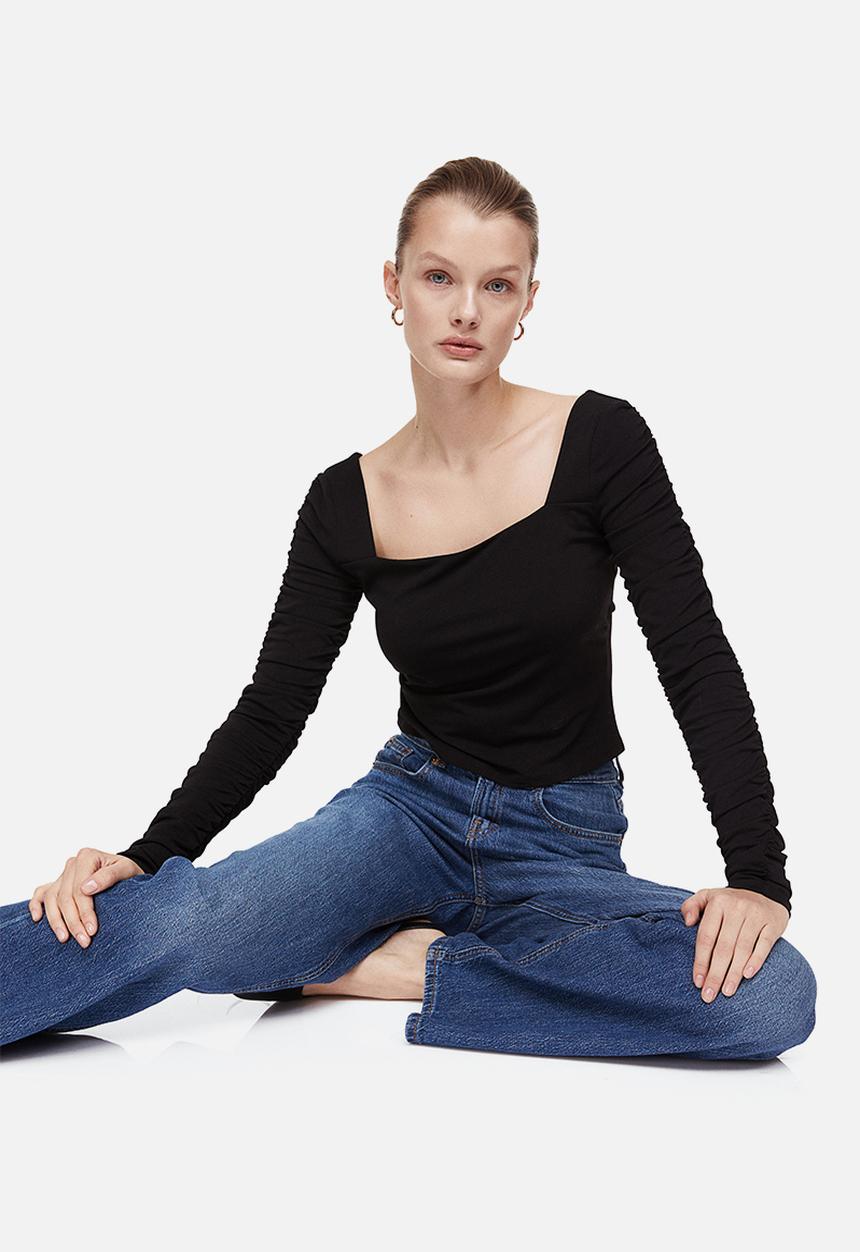H&M - Gathered-sleeve jersey top - black