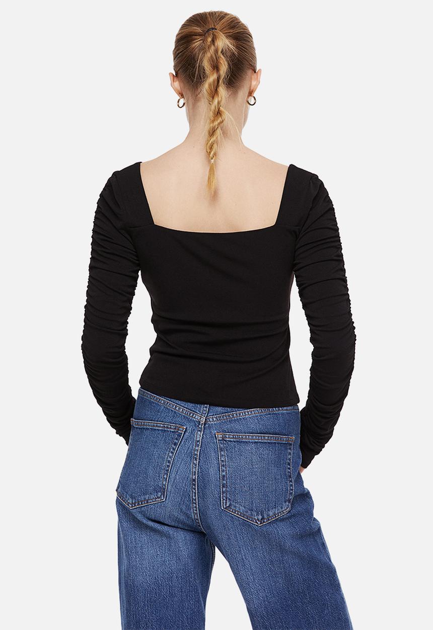 H&M - Gathered-sleeve jersey top - black