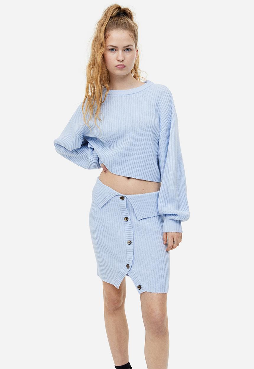 H&M - Button-front rib-knit skirt - light blue