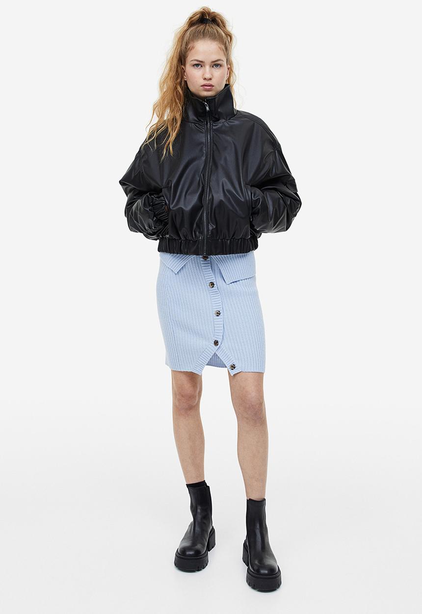 H&M - Button-front rib-knit skirt - light blue