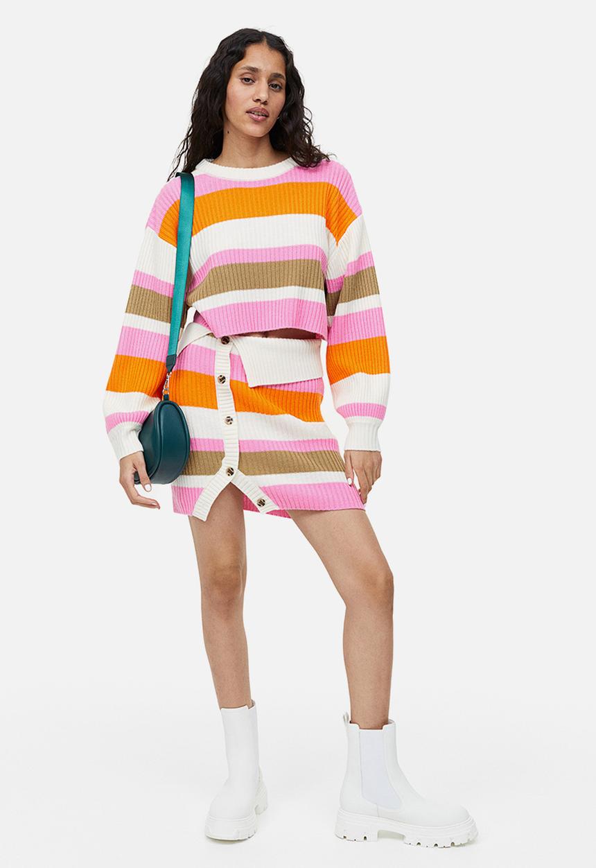 H&M - Button-front rib-knit skirt - cream/striped