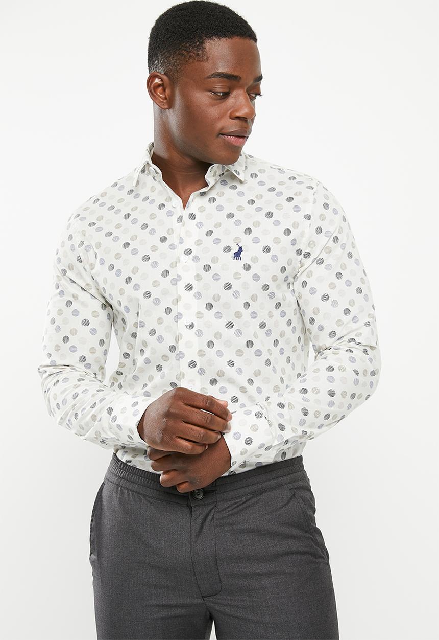 POLO - Mens polka dot aop long sleeve shirt - white & navy 