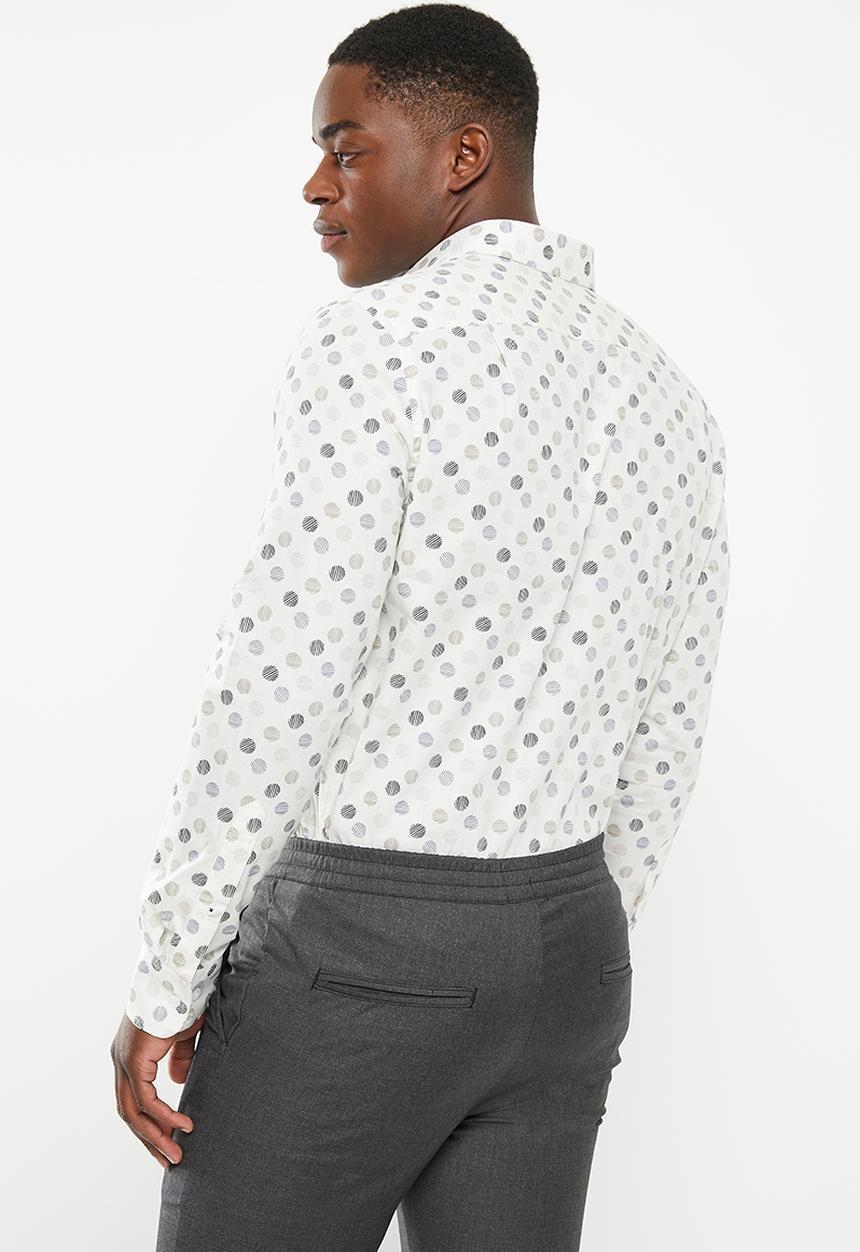 POLO - Mens polka dot aop long sleeve shirt - white & navy 