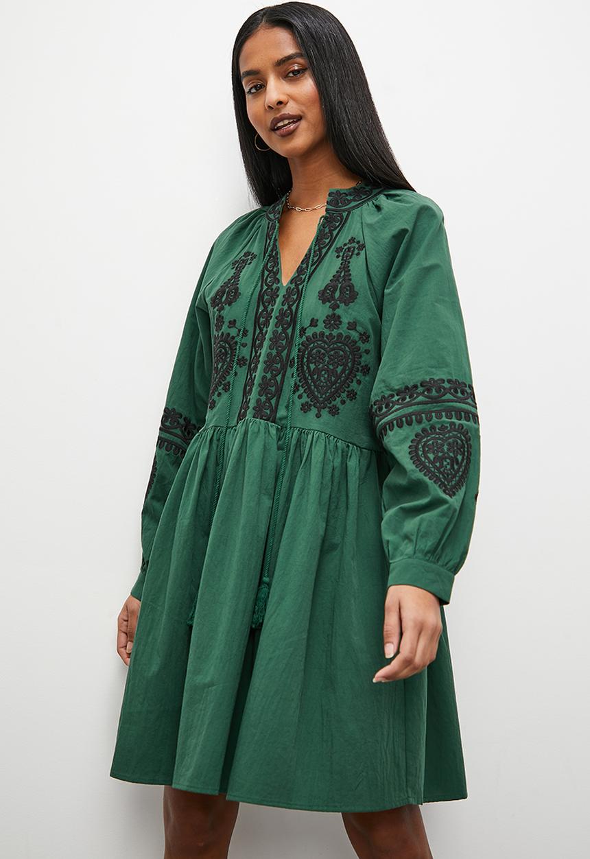 Superbalist - Embroidery mini dress with balloon sleeve - green & black