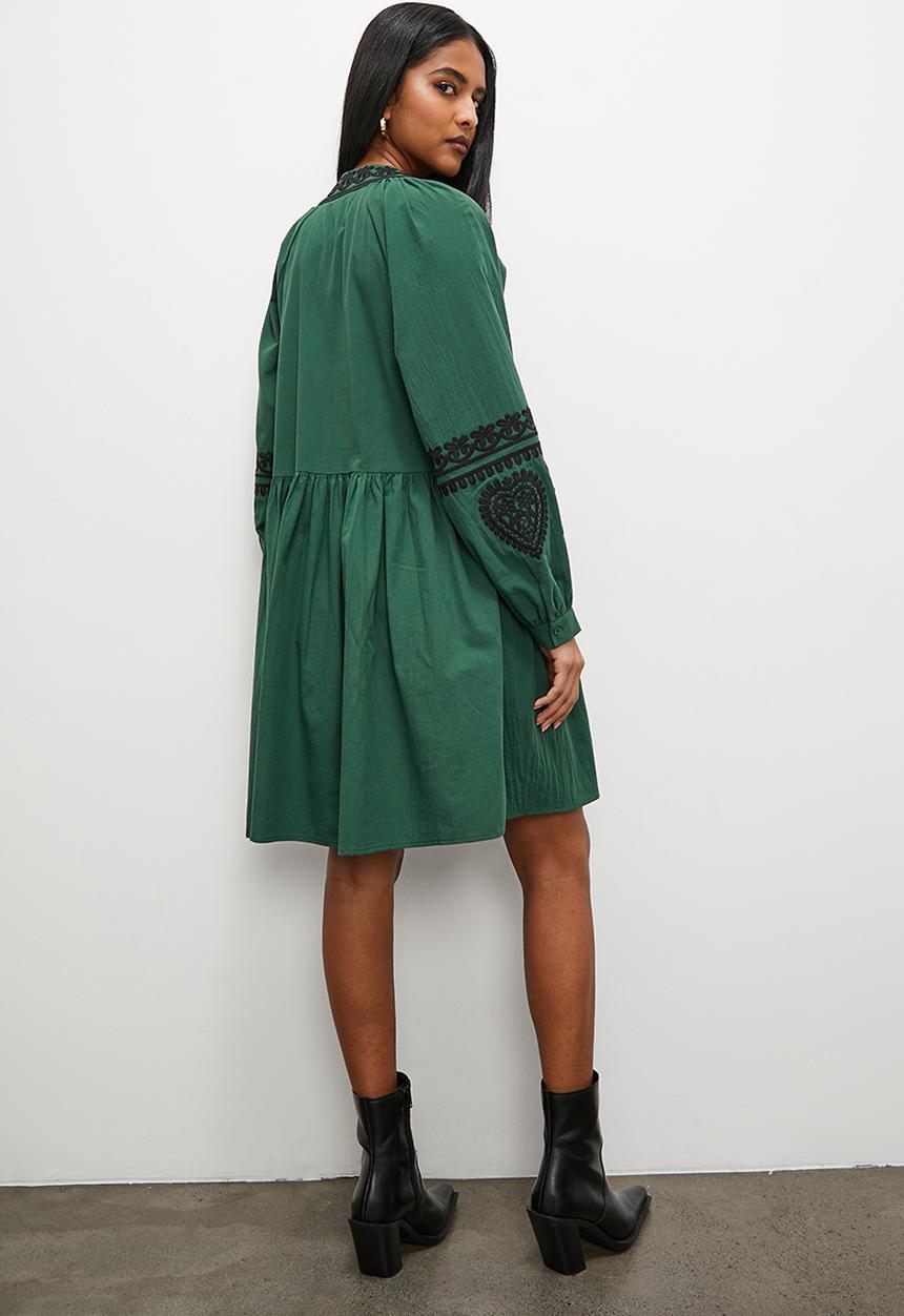 Superbalist - Embroidery mini dress with balloon sleeve - green & black