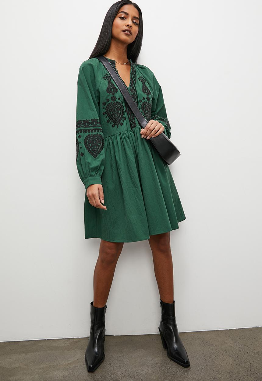 Superbalist - Embroidery mini dress with balloon sleeve - green & black