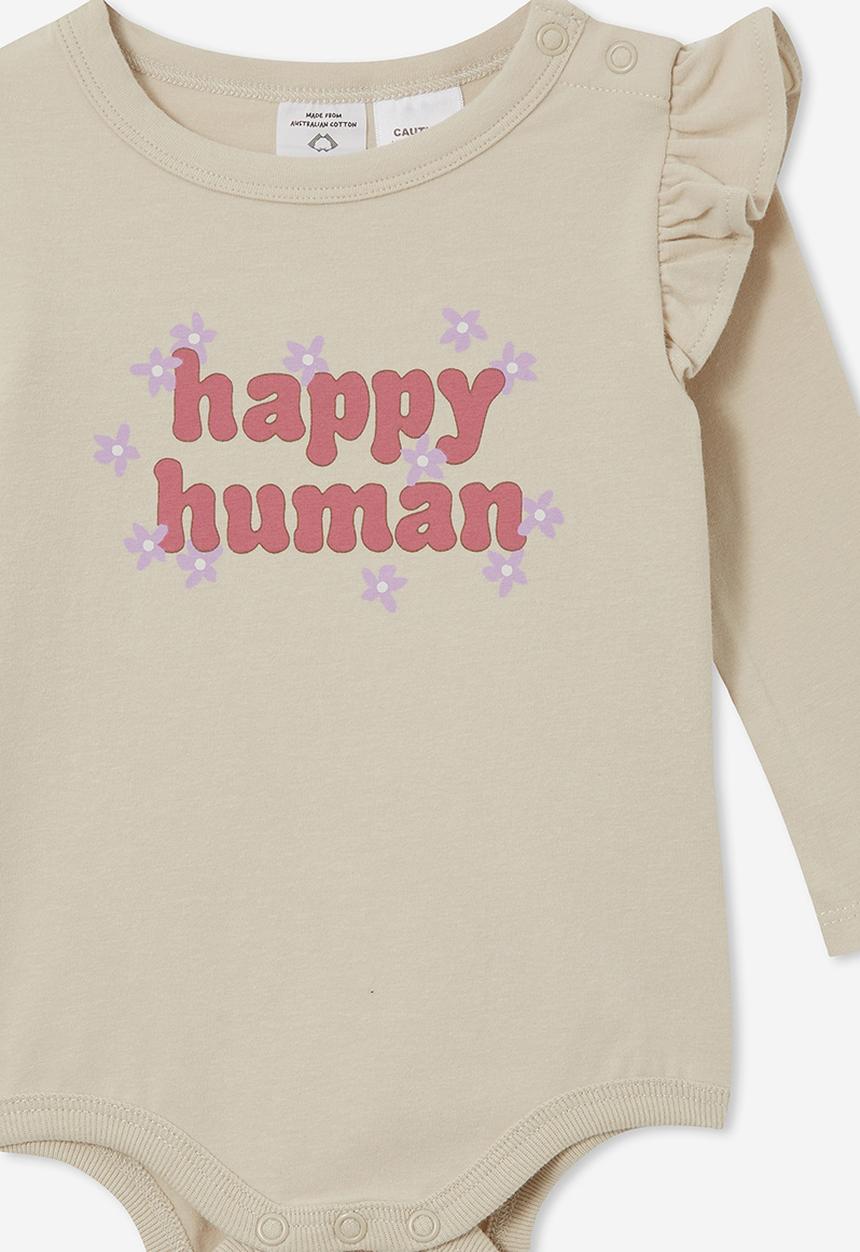 The long sleeve ruffle bubbysuit - rainy day/happy human