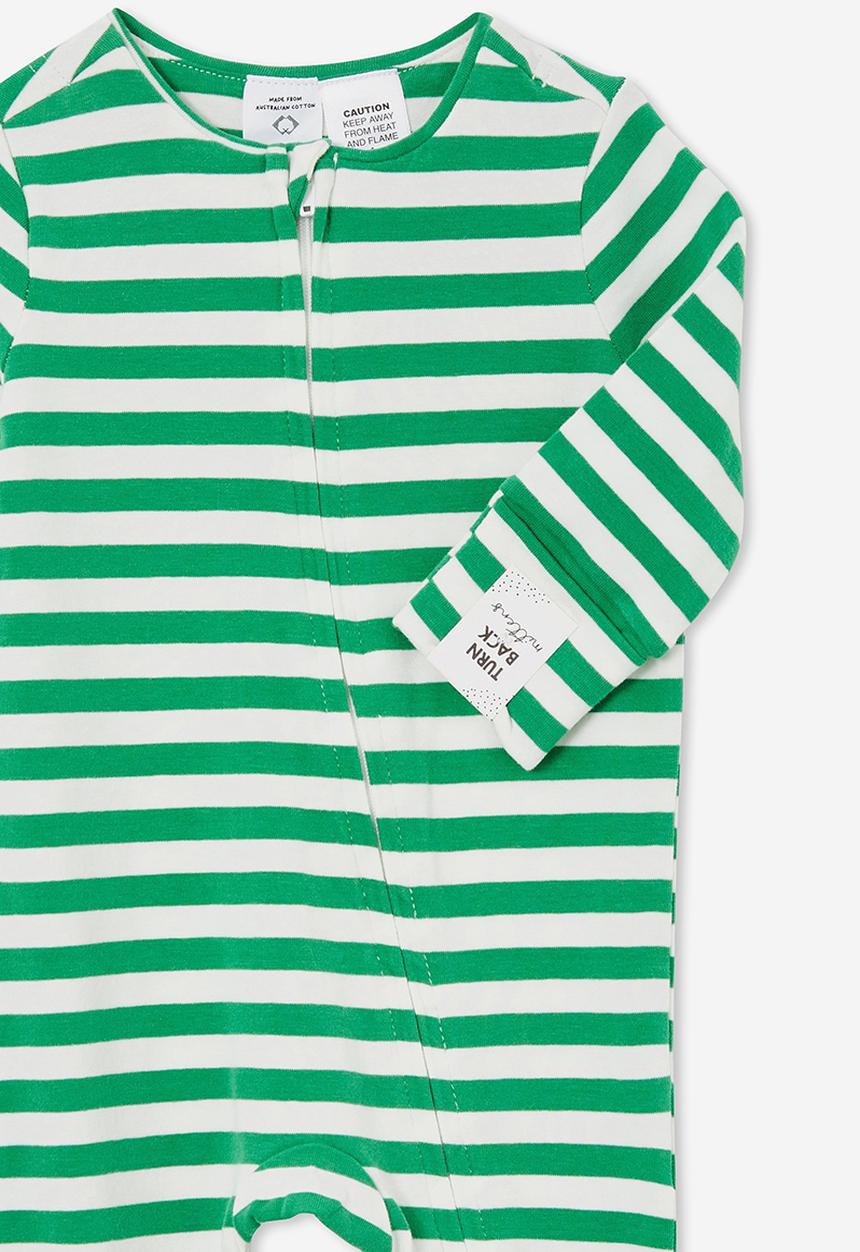 Cotton On - The long sleeve zip romper - stripe green splash/vanilla