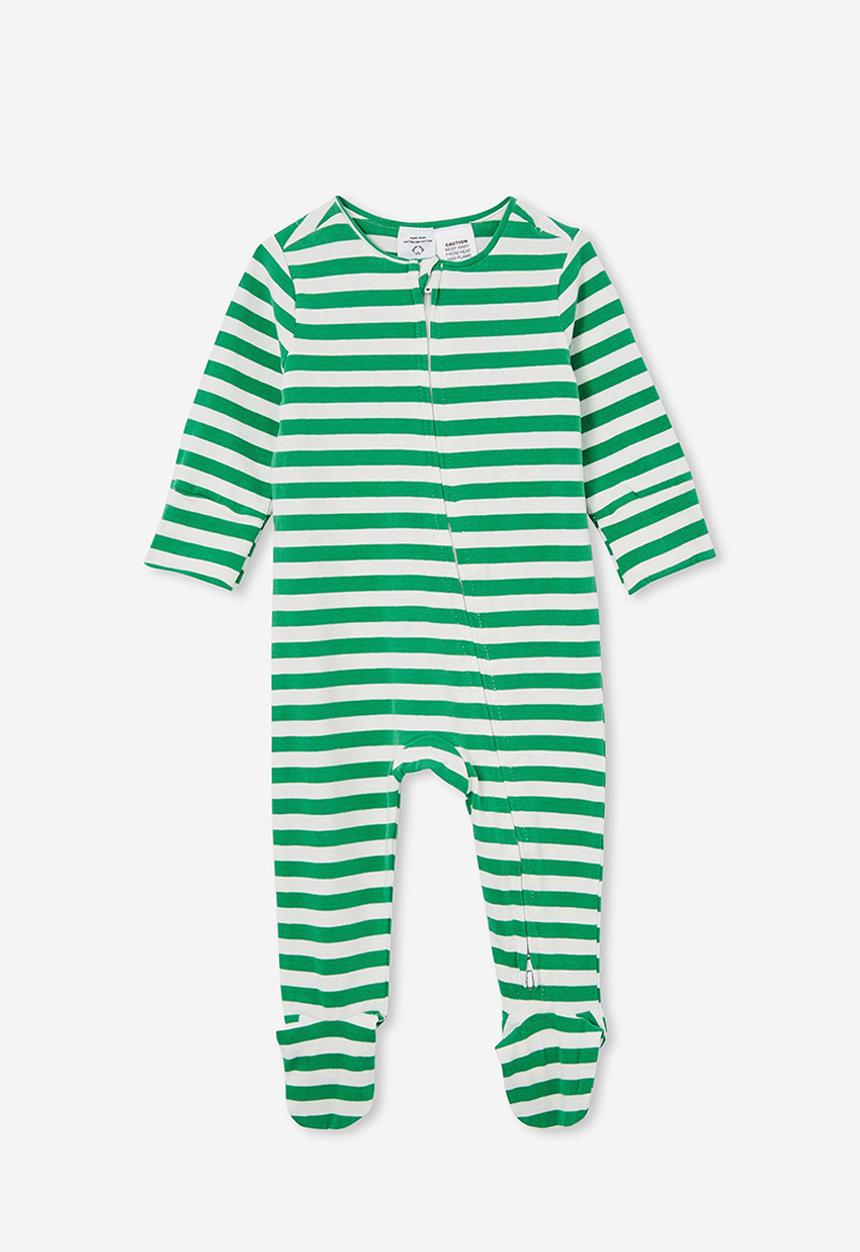Cotton On - The long sleeve zip romper - stripe green splash/vanilla