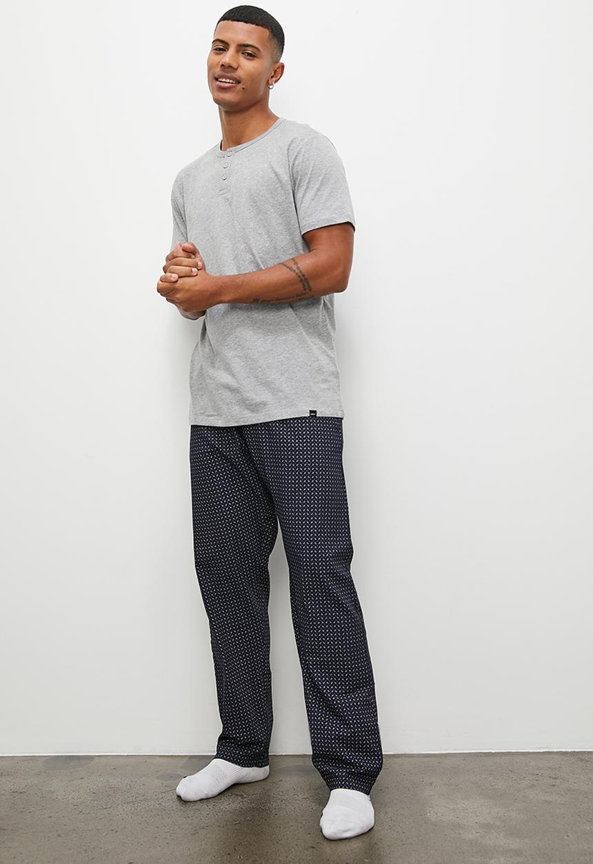 Superbalist - Henley tee & stripe woven sleep pant set - grey melange & black