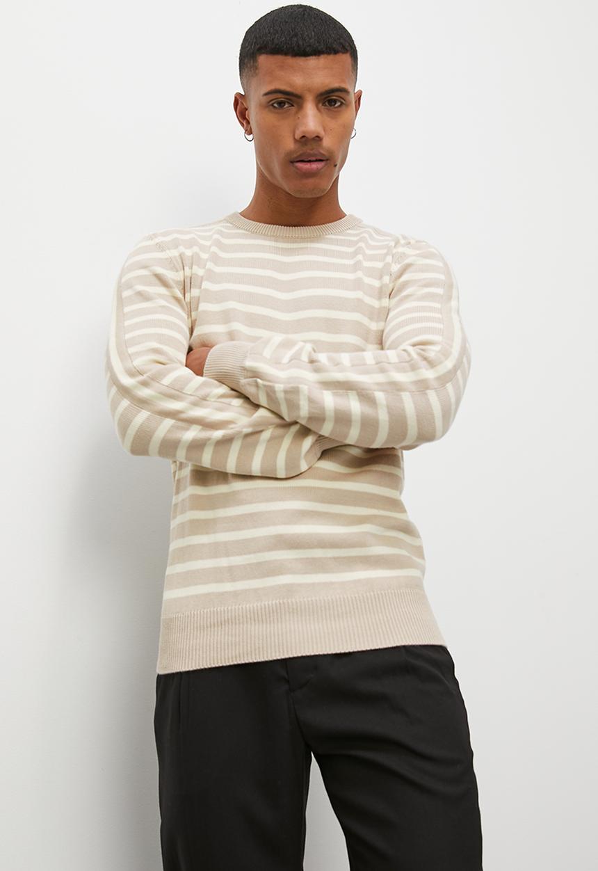 Superbalist - Slim fit long sleeve striped crew neck knit - stone & cream