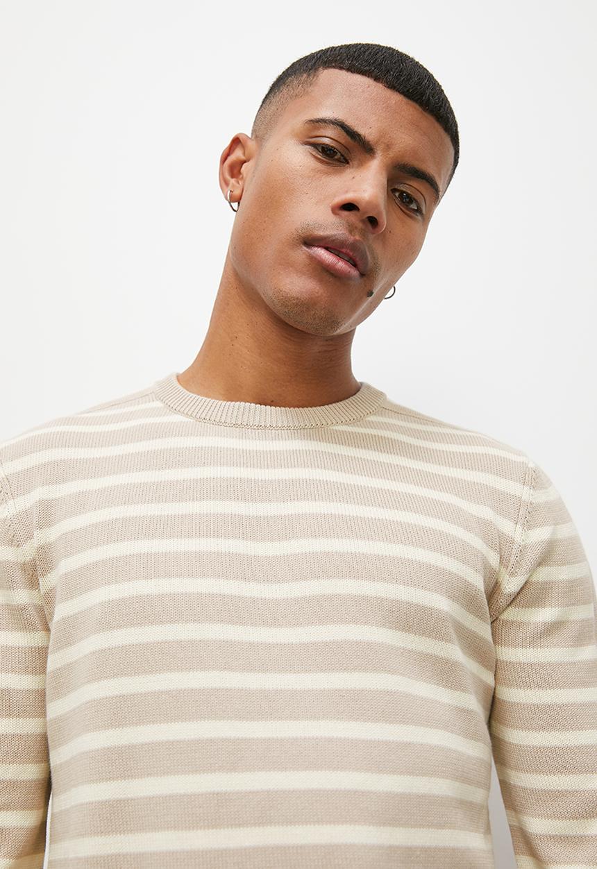 Superbalist - Slim fit long sleeve striped crew neck knit - stone & cream