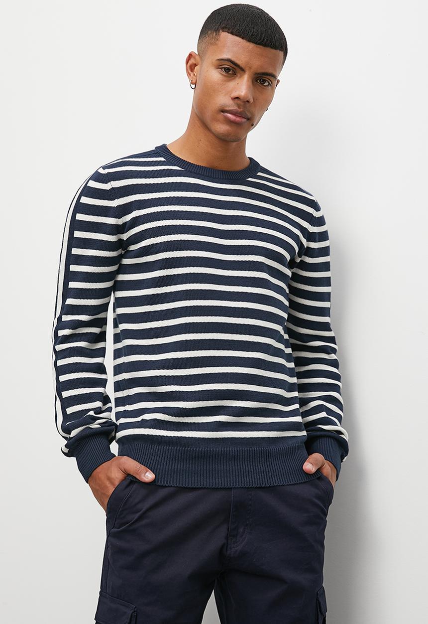 Superbalist - Slim fit long sleeve striped crew neck knit - navy & white