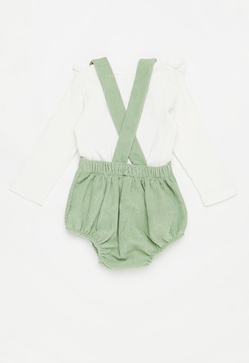 Pop Candy - Girls tee & dungaree set - white & sage