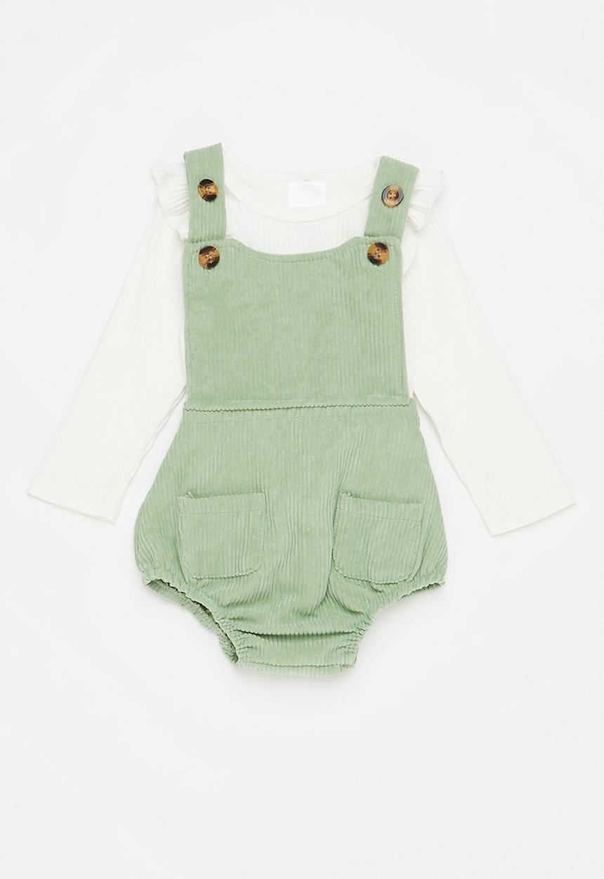 Pop Candy - Girls tee & dungaree set - white & sage