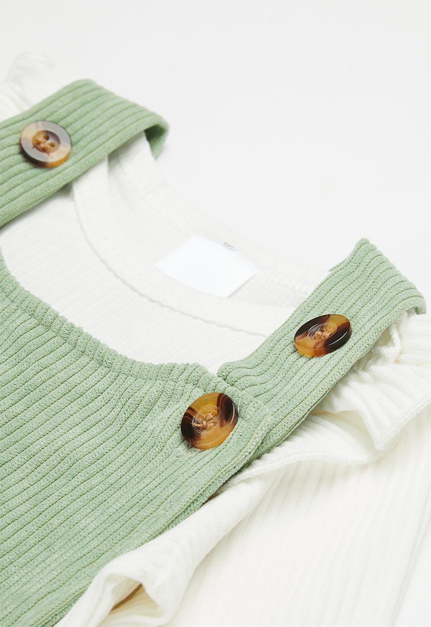 Pop Candy - Girls tee & dungaree set - white & sage