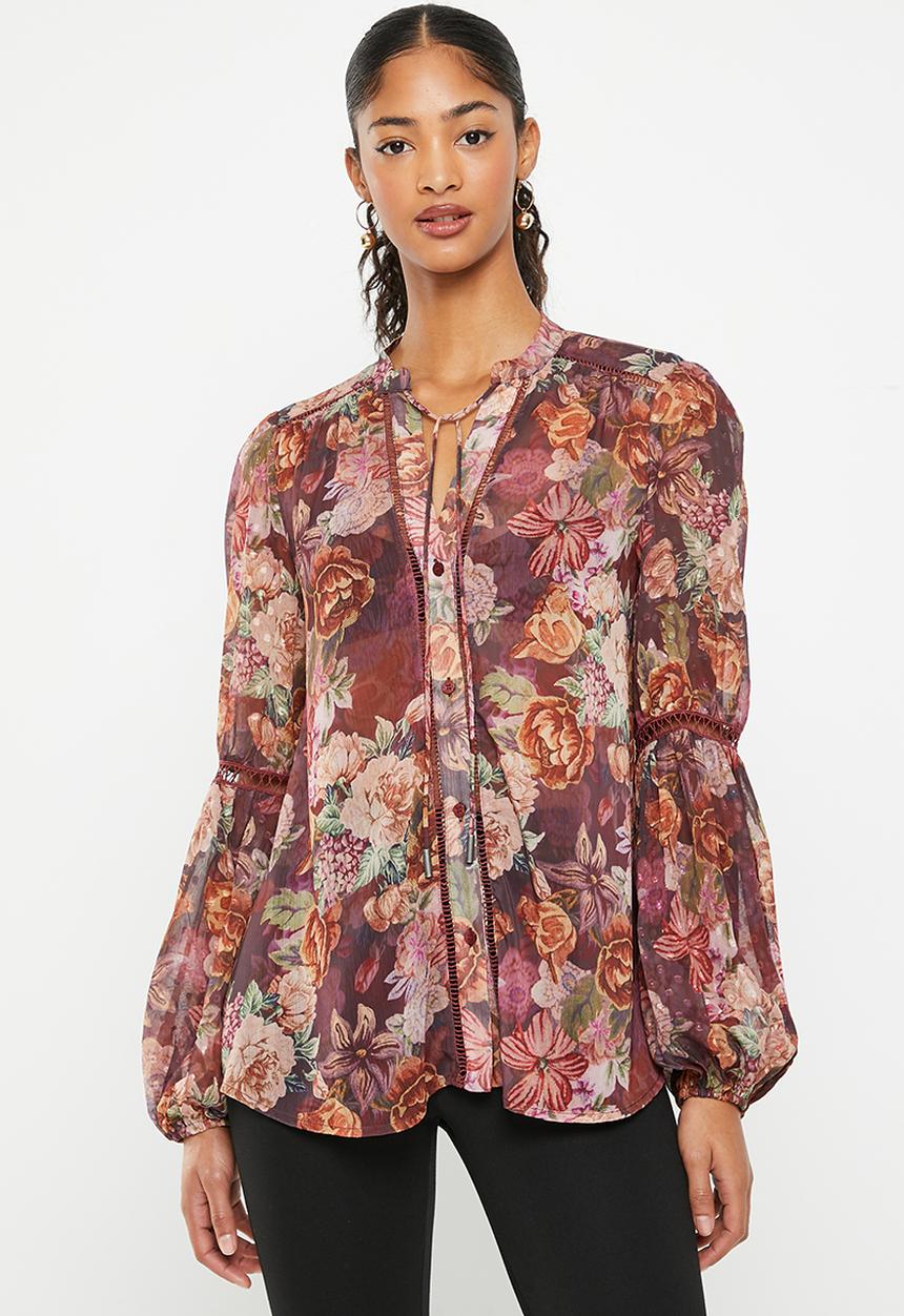 GUESS - Long sleeve josette top - digital tapestry print maroon