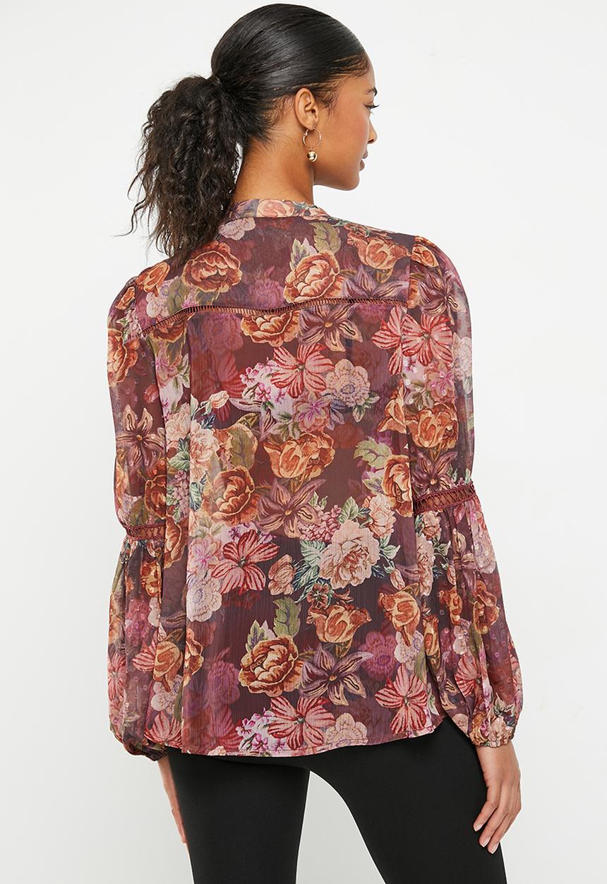 GUESS - Long sleeve josette top - digital tapestry print maroon