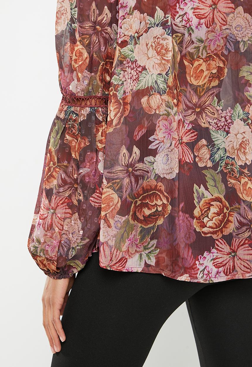 GUESS - Long sleeve josette top - digital tapestry print maroon