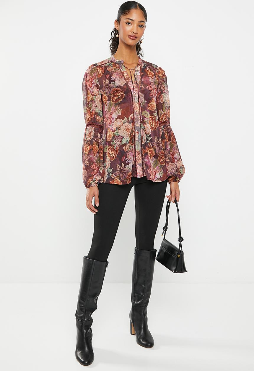 GUESS - Long sleeve josette top - digital tapestry print maroon