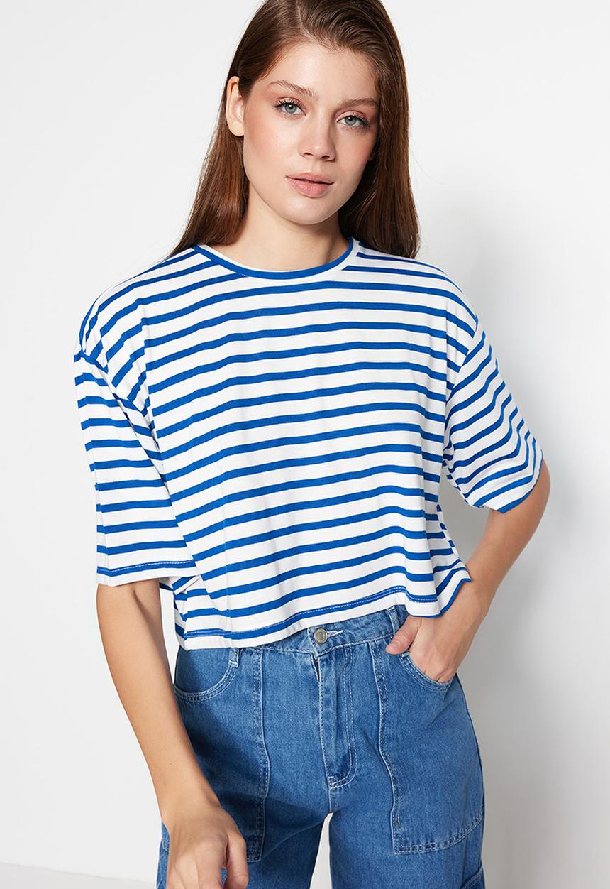 Trendyol - Cropped drop shoulder relaxed fit T-shirt - navy blue stripe