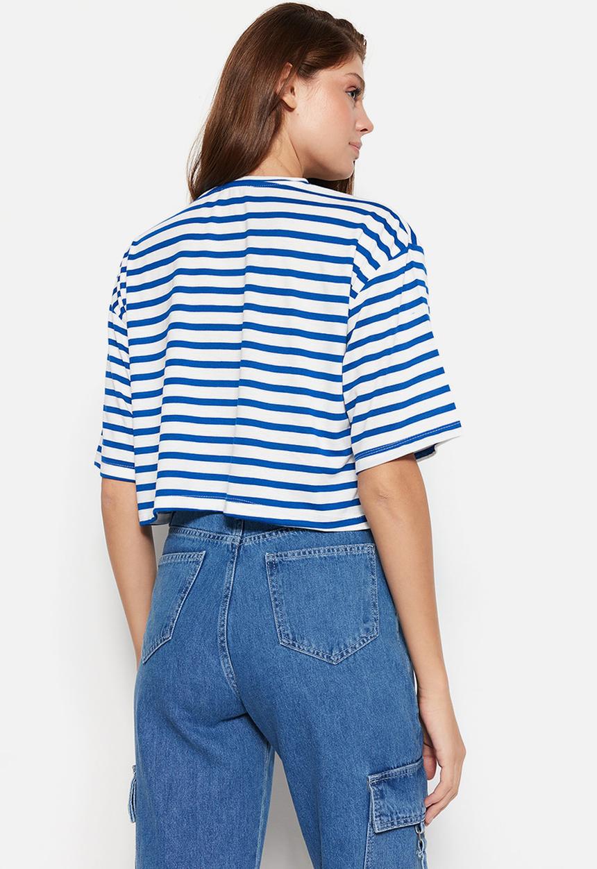 Trendyol - Cropped drop shoulder relaxed fit T-shirt - navy blue stripe
