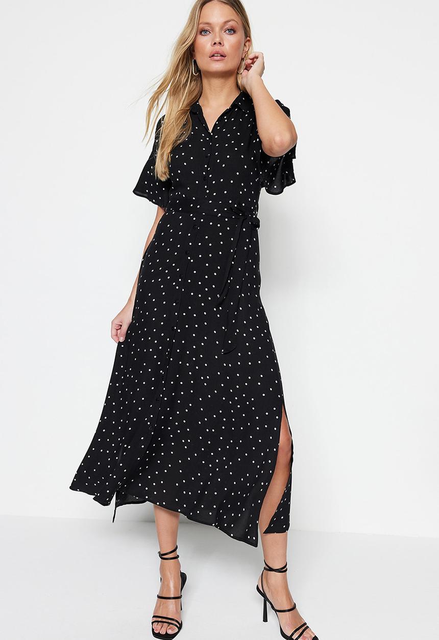 Trendyol - Polka dot midi shirt dress - black