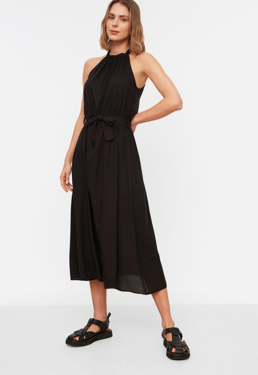 Trendyol - High-neck a-line midi dress - black