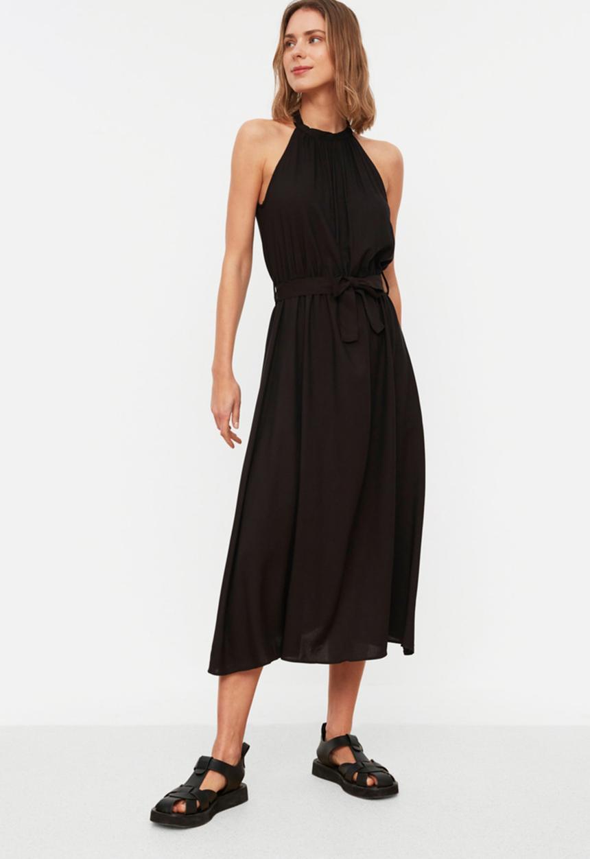 Trendyol - High-neck a-line midi dress - black