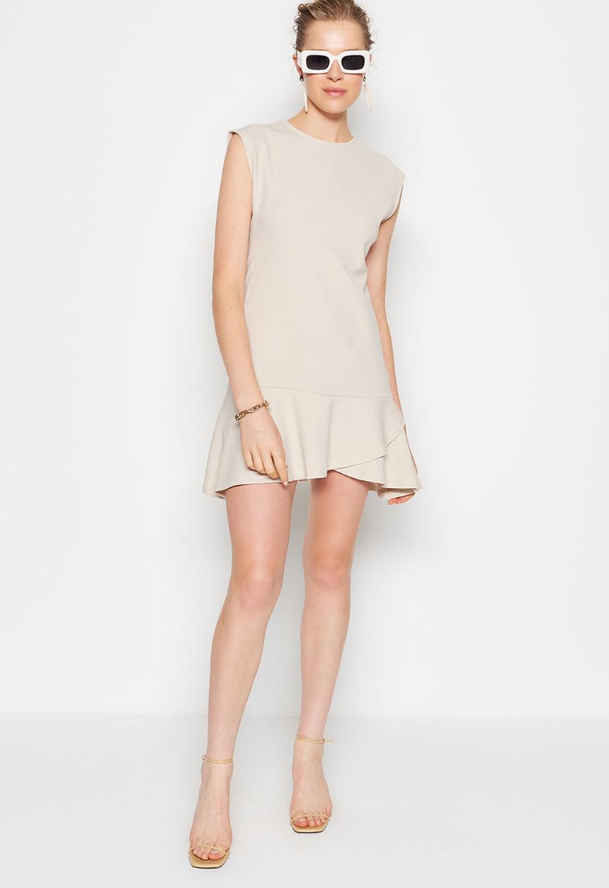 Trendyol - High-neck cap sleeve ruffle hem dress - stone