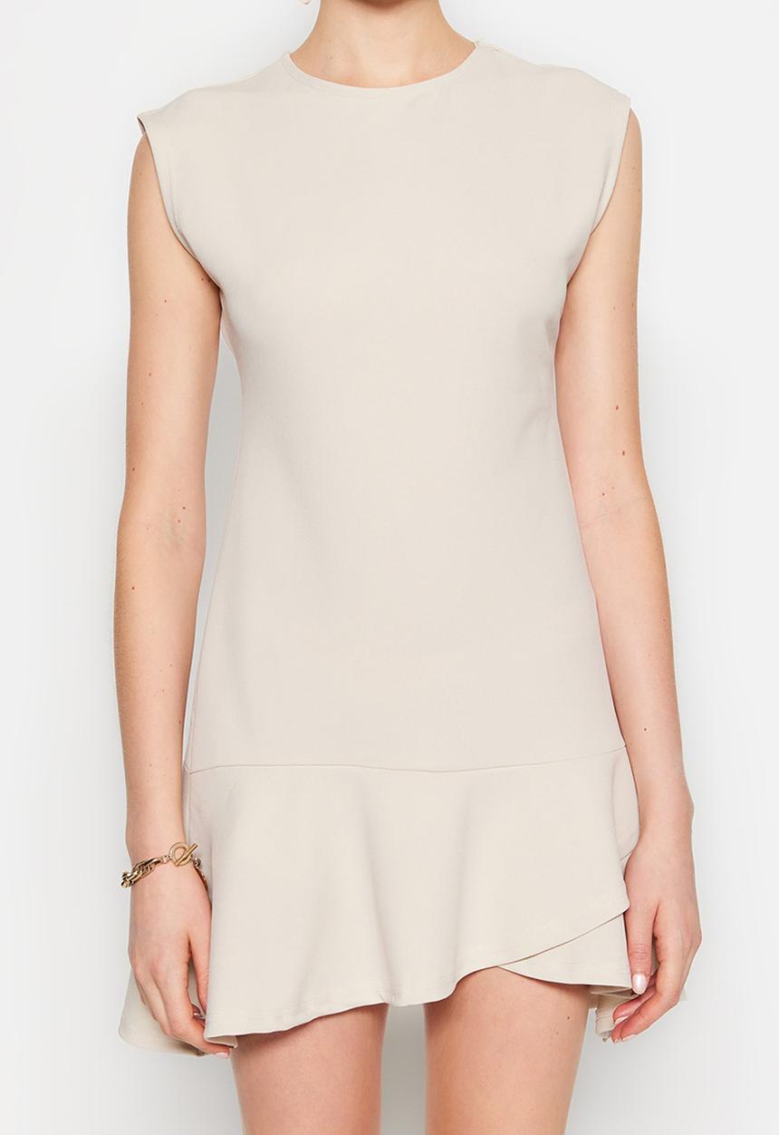 Trendyol - High-neck cap sleeve ruffle hem dress - stone