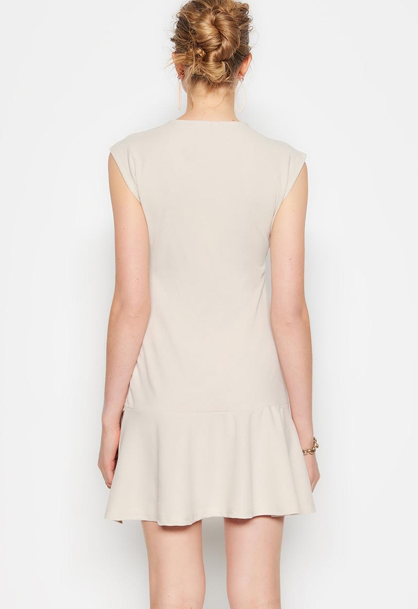 Trendyol - High-neck cap sleeve ruffle hem dress - stone