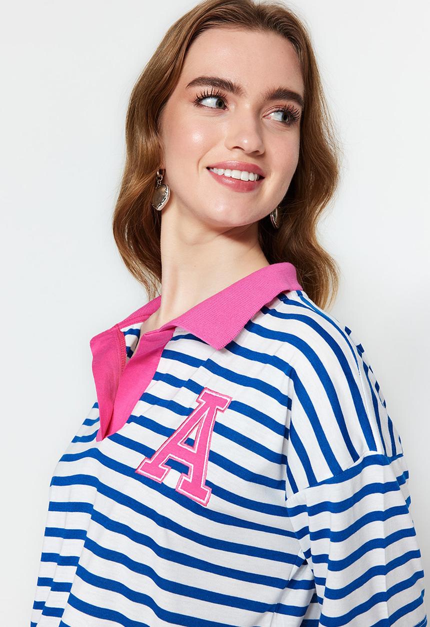 Trendyol - Contrast collar relaxed fit t-shirt - navy blue stripe