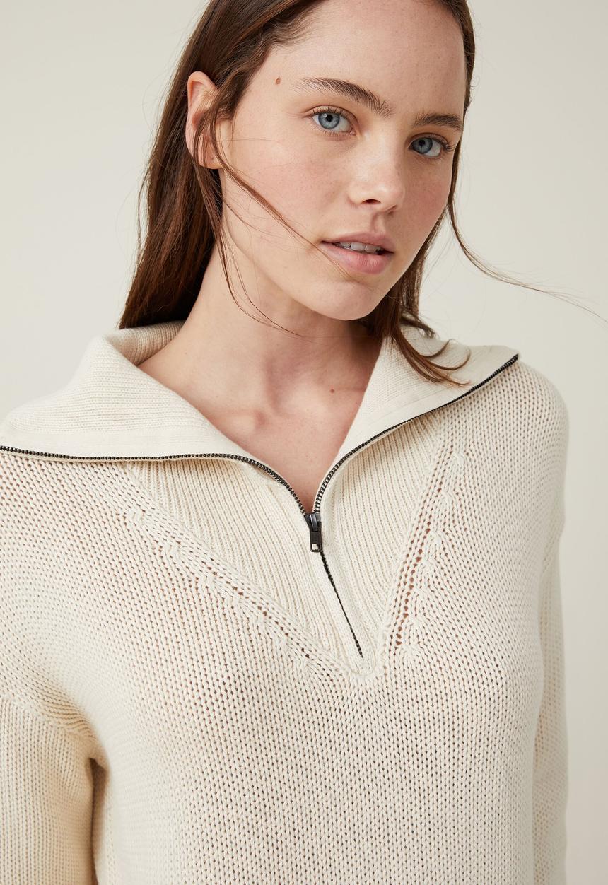 Cotton On - Cotton Half Zip Pullover - Porcelain