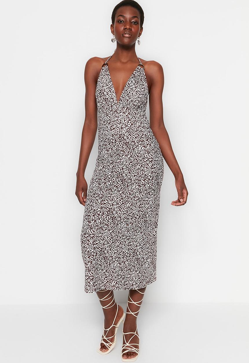 Trendyol - Low cut bodycon midi dress - brown print