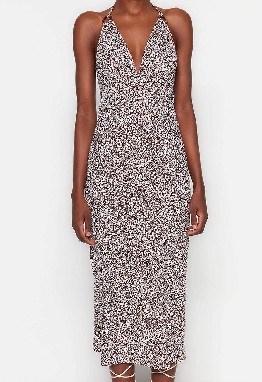 Trendyol - Low cut bodycon midi dress - brown print