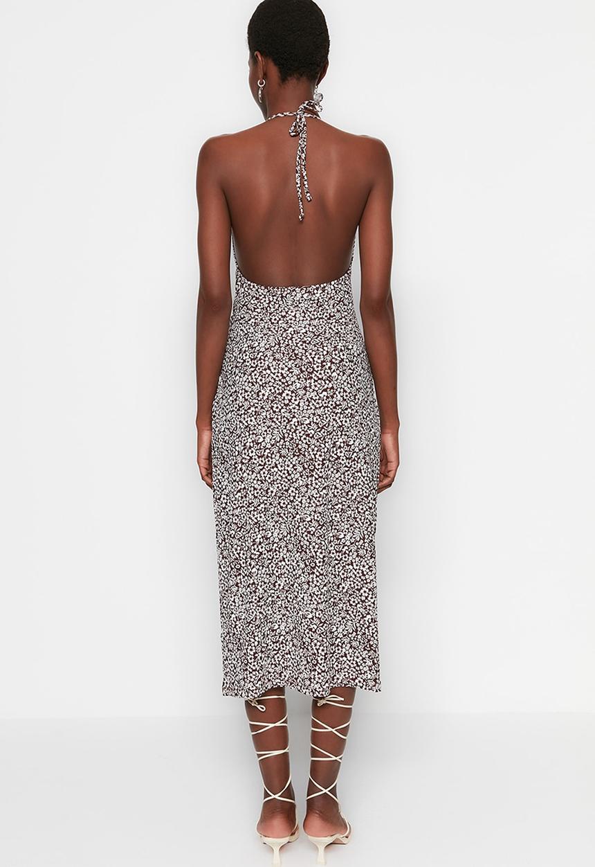 Trendyol - Low cut bodycon midi dress - brown print